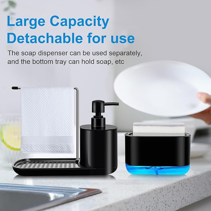 Dish Soap Dispenser Set 4-in-1 Hand Soap Dispenser with Detachable Soap Pump Sponge Holder for Kitchen Sink, Bathroom Soap Dispenser, Black