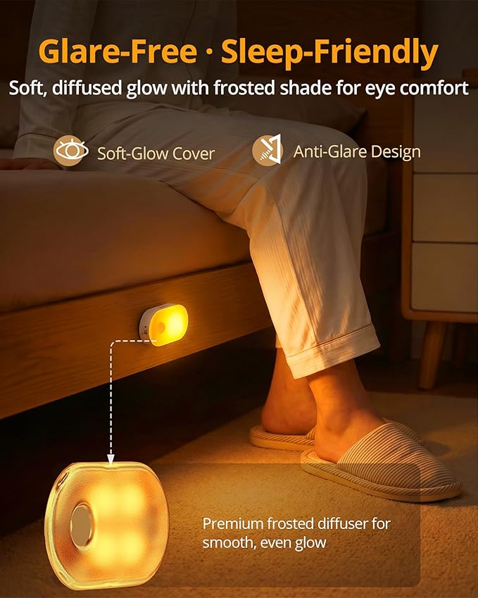 Lyridz Rechargeable Night Light with Motion Sensor, Dimmable Amber Nightlights for Bathroom, Bedroom, Kids Room, Hallway, Stairs, Pet House, 2 Pack