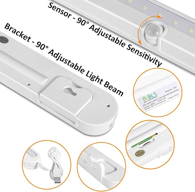 BLS T01L LED Closet Light Super Bright 20 LED Under Cabinet Lighting Battery Powered/DC Input Wireless Motion Sensing Light, Auto On Off Switch, Motion Sensor & Light Sensor, 2 Pack