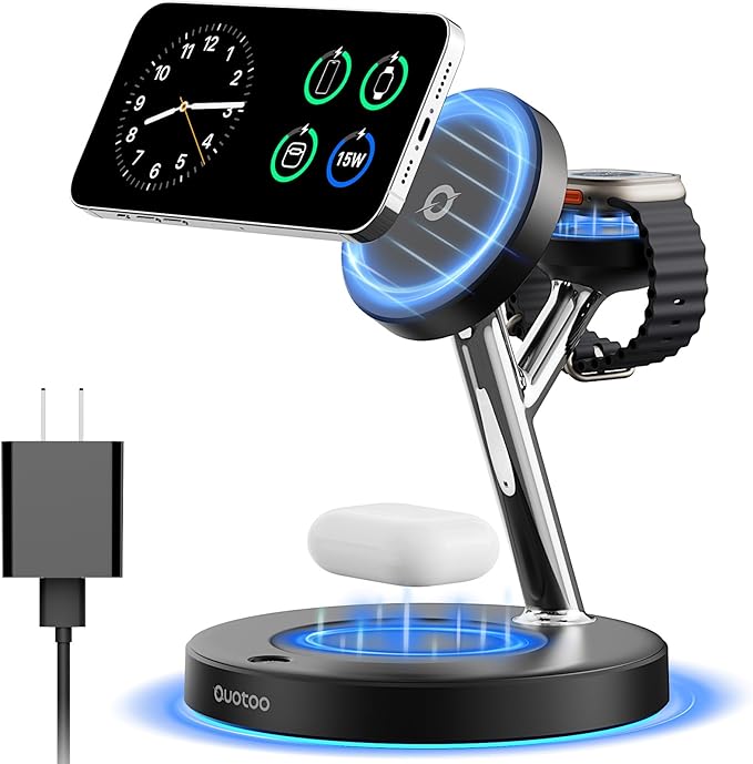 Ouotoo 3 in 1 Charging Station for Apple Compatible，Charging Speed Increased by 28%, Magsafe Charger Stand，for iPhone 17-12 Wireless Charging Station,for AirPods Wireless Charger for iWatch Series