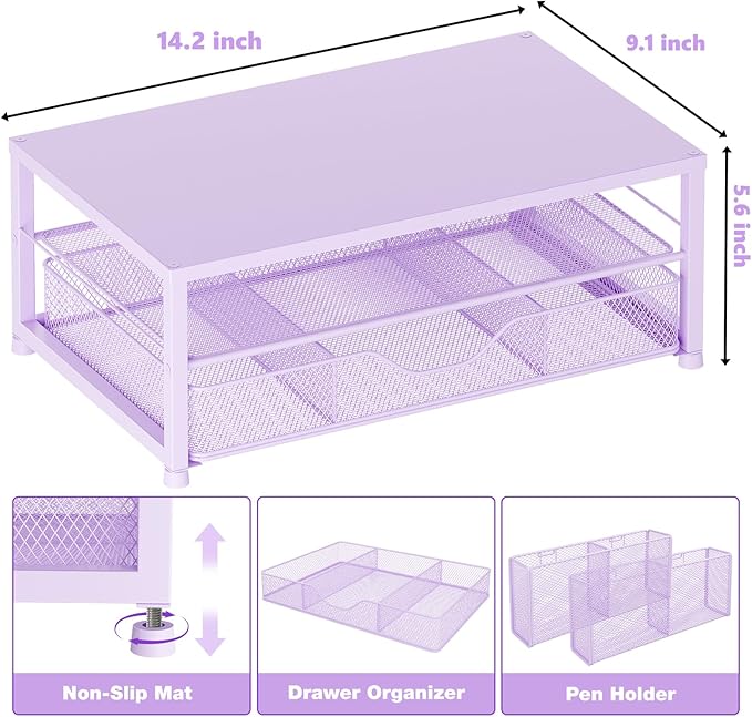 OPNICE Desk Organizers and Accessories, 2-Tier Computer Monitor Stand Riser with Drawer and 2 Pen Holders, Laptop Stand, Office Desk Accessories & Office Decor for Women, Purple