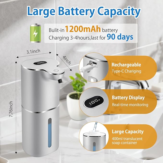 Automatic Foaming Soap Dispenser with Digital Display, 6-Level Foam Adjustable, Rechargeable, 12.8oz/ 380ml Wall Mounted Touchless Hands Free Auto Dispenser for Kitchen, Bathroom, Hotel, Restaurant