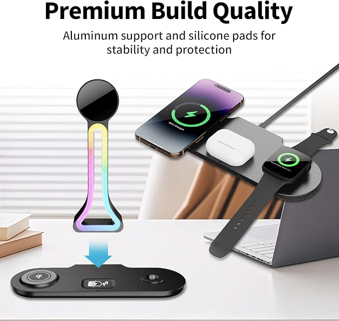 Transform Your Desk – 3-in-1 Wireless Charging Station with Headphone Stand, Dual USB Ports, 15W Fast Charger for Phone/A-irPods/A-pple Watch, RGB Light, LED Alarm Clock – Charge 5 Devices at Once