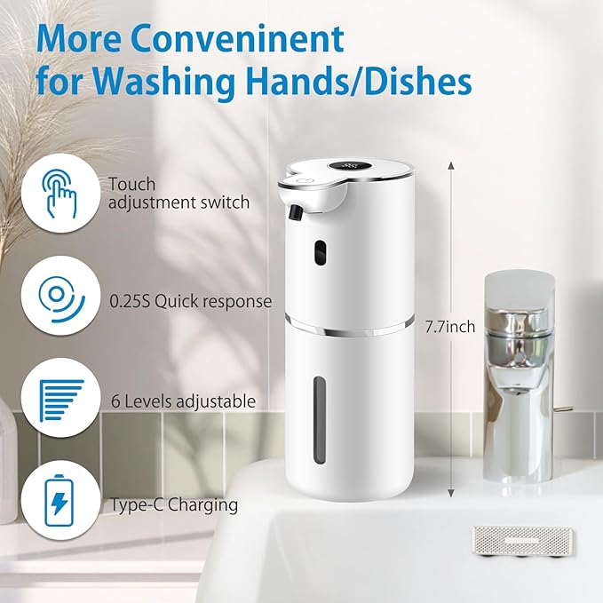 Automatic Foaming Soap Dispenser 12.8oz, Rechargeable & 6 Levels Foaming Adjustable with Digital Display, Wall Mount, Waterproof, Touchless Hand/Dish Soap Dispenser for Kitchen, Bathroom, Hotel