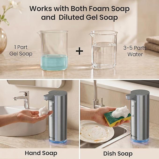 GentleJet EasyFoam Automatic Foaming Soap Dispenser, Touchless USB-C Rechargeable Sensor Pump, 304 Stainless Steel, Adjustable Foam, IPX5 Water-Resistant for Bathroom & Kitchen, 10 fl oz / 300 mL