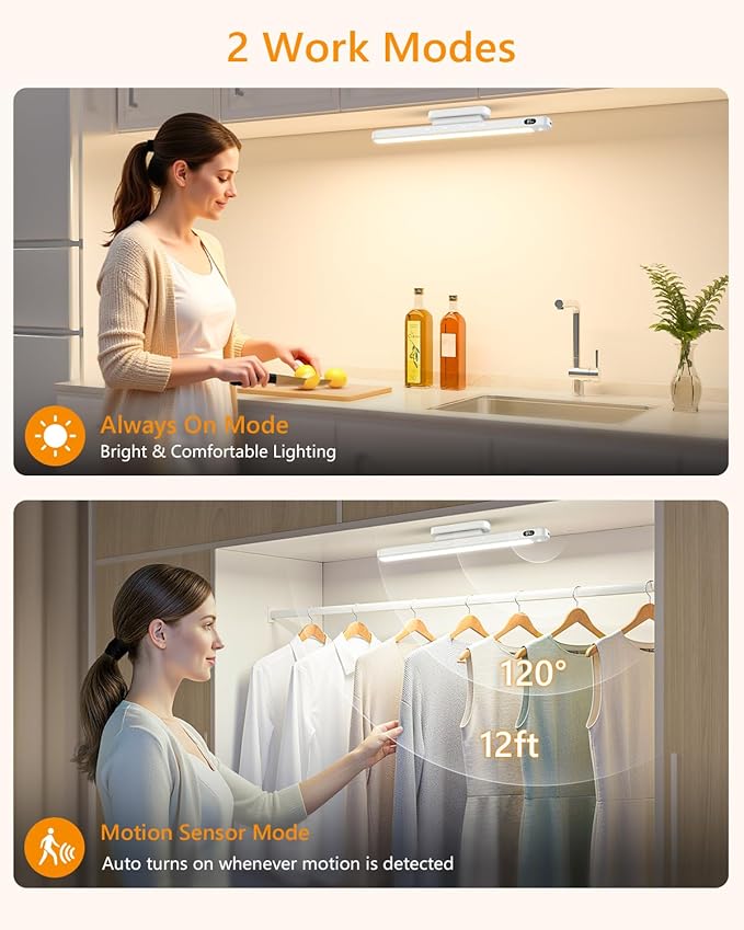 WILLED 5W Motion Sensor Led Light Bar, Eye-Care Rechargeable Closet Light with Battery Level Display, Makeup Lighting, Motion Sensor Light Indoor for Cabinet, Closet, Desk and Bathroom