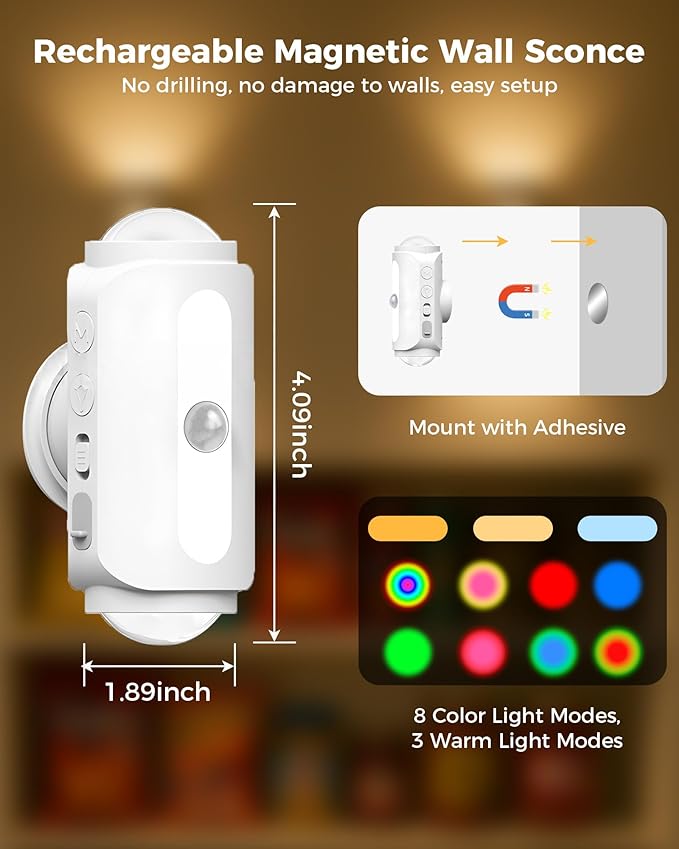 Motion Sensor Wall Light, Rechargeable Peel and Stick on Sconce Set of 2, Wireless No Drill RGB Wall Lamps, Magnetic Battery Operated Indoor Lighting for Hallway, Stairs, Bedroom, Bathroom, Bar Decor