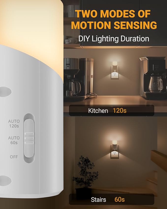 Lyridz LED Plug-in Night Light with 360° Motion Sensor, 1-150 Lumens Dimmable Nightlights Indoor for Bathroom, Bedroom, Hallway, Stairs, Pet House, 2 Pack