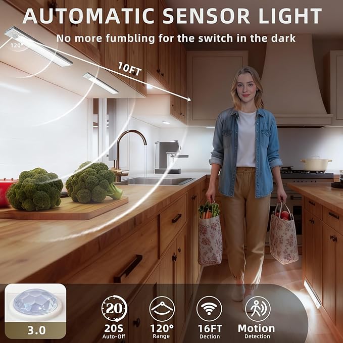 16inch Under Cabinet Lighting, 4 Pack Rechargeable Motion Sensor Light Indoor, Wireless Dimmable Magnetic Closet Lights, 68 LED Under Counter Lights for Kitchen, Wardrobe, Stairs, White Light