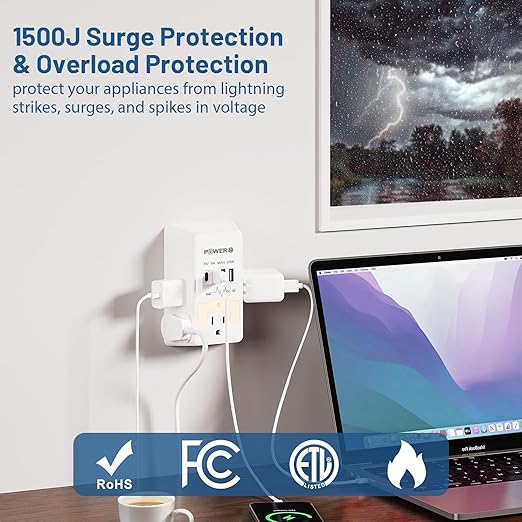 Snug Multi Plug Wall Outlet with USB Ports (2C2A), Wall Outlet with Night Light, Surge Protector, Wall Plug Adapter for Multiple Devices, Wall Socket Expander