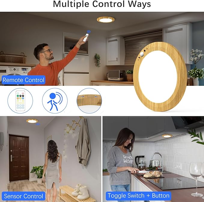 Battery Operated LED Celling Lights Fixture with Auto Motion Sensor, Smart Body Sensor Ceiling-Mounted Lamps with 3 Colors/Brightness, Motion Detection Magnetic Celling Lights for Closet Shower-Wood