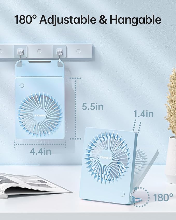 TriPole Mini Portable Desk Fan Rechargeable Ultra Quiet Small Fan 4.5 Inch Personal Travel Fan with 180° Tilt Folding and 3 Speeds Adjustable for Office Desktop Bedroom (Blue)