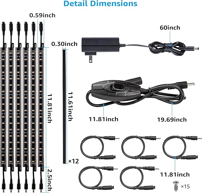TORCHSTAR LED Safe Lighting Kit, (6) 12 Inch Linkable Light Bars + Rocker Switch + UL Power Adapter, 900LM, Input 100-240V, for Under Cabinet Gun Safe Locker Closet Showcase, 3000K Warm White