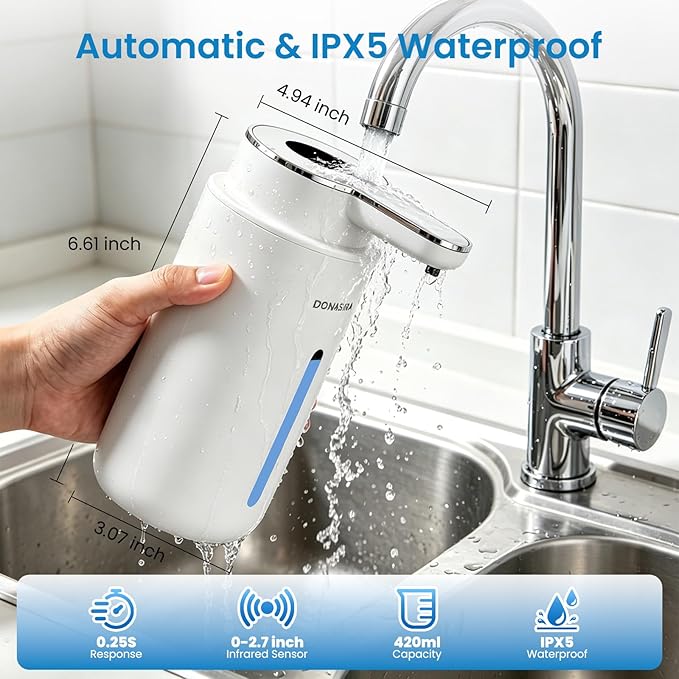 Automatic Foaming Soap Dispenser Touchless, 15oz/420ml USB-C Rechargeable Hand Soap Dispenser, 6-Level Adjustable Foam, IPX5 Waterproof, Wall Mount or Countertop for Bathroom Kitchen, White