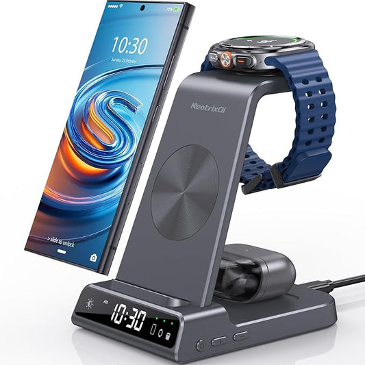 Wireless Charger for Samsung Charging Station: 3 in 1 Android Charging Stand with Dimmable Clock - Nightstand Organizer for Galaxy S25 Ultra, Galaxy Watch 8 7 6 5 4, Galaxy Buds (Not for iWatch)