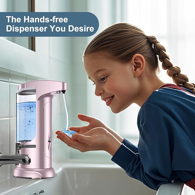12.5 oz Automatic Liquid Soap Dispenser, Touch-Free Battery Operated Adjustable Soap Dispensing, Volume Premium for Kitchen Bathroom Toilet (Pink)