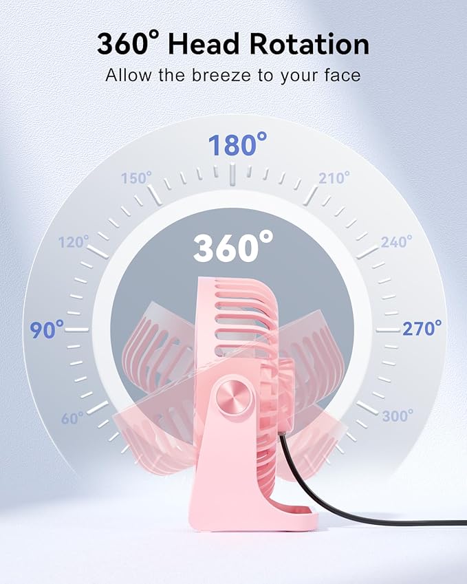 Edvision USB Desk Fan, 5 Inch Small Portable, 3 Speeds Powerful Wind Mini Personal Desktop Fan 360° Rotation Adjustable, Plug In USB Fan Quiet for Table Home Office Travel Car(Pink)