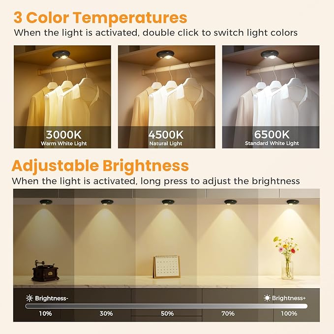 Motion Sensor Puck Lights, 3 Color Temperatures Dimmable Under Cabinet Lights, USB-C Rechargeable Magnetic Closet Lights, Wireless Cabinet Lights for Drawer, Shelf, Kitchen, Black, 4 Pack