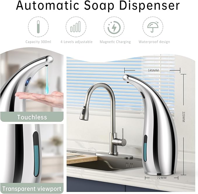 Automatic Soap Dispenser Touchless,300ML Hand & Dish Countertop Electric Liquid Rechargeable Dispenser with Sensor,Modern 4 Gear Adjustable Waterproof Kitchen Auto Soap Pump（Silver）