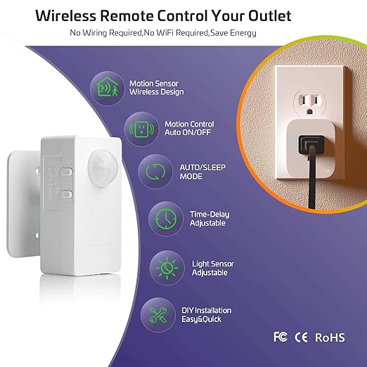 RAYZEEK Wireless Motion Sensor Plug Kits,No-Wire Mini PIR Sensor Switch Control Plug to Auto Turn On/Off Electrical Devices,10A/1100W for Christmas Lights,Fans,Household Appliances