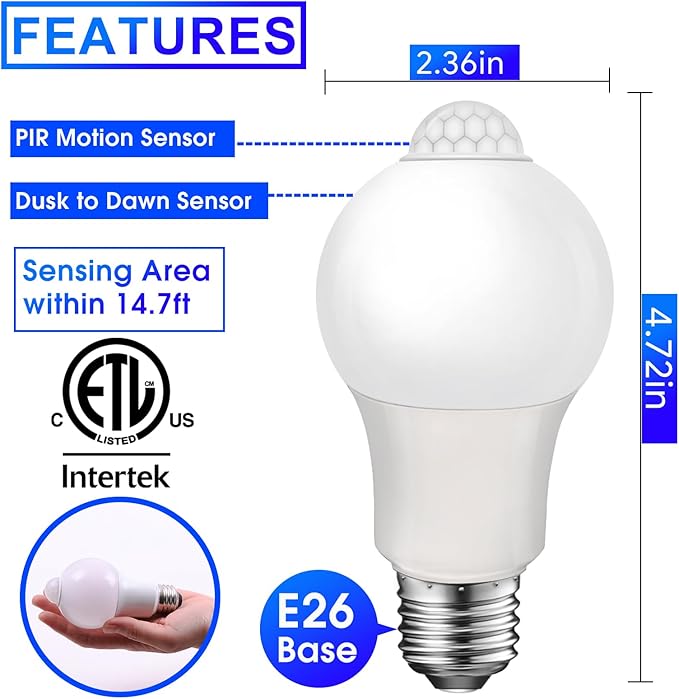 Energetic Motion Sensor Light Bulb, 8.5W (60 Watt Equivalent) E26 Motion Activated Dusk to Dawn Security Light Bulb for Front Door Porch Garage Basement Hallway Closet, 3000K Warm White, 2 Pack