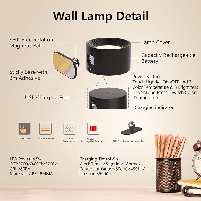 Deyagoo LED Wall Sconce, Wall Mounted Lamp with Rechargeable Battery Operated USB Port 3 Color Temperature & 3 Brightness Level 360°Rotate Magnetic Ball, Cordless Light for Reading Study Bedside