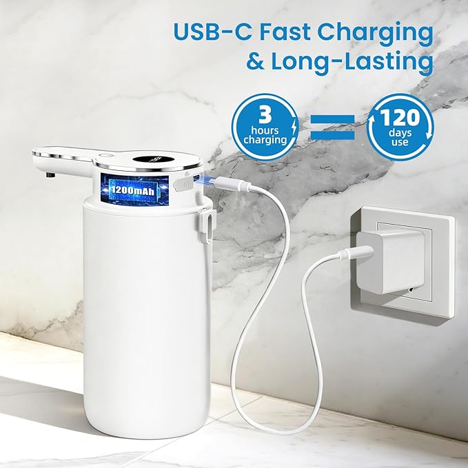 Automatic Foaming Soap Dispenser Touchless, 15oz/420ml USB-C Rechargeable Hand Soap Dispenser, 6-Level Adjustable Foam, IPX5 Waterproof, Wall Mount or Countertop for Bathroom Kitchen, White