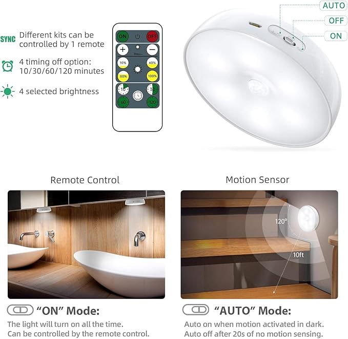 LED Closet Lights Wireless Motion Sensor Puck Light, Newest Version USB Rechargeable Dimmer Step Light with Remote, Night Safe Lighting for Under Cabinet, Counter, Kitchen, Hallway, Stairs (6 Pack)
