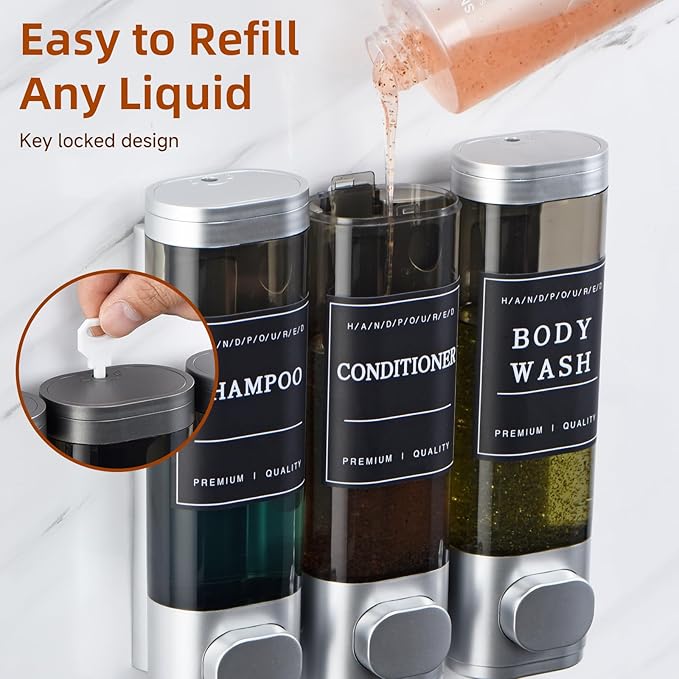 Shampoo and Conditioner Dispenser,Shower Soap Dispenser 3 Chamber No Drill Wall-Mounted Shampoo Dispenser for Shower Wall Mounted Shower Dispenser for Bathroom Hotel Large Capacity,Silver