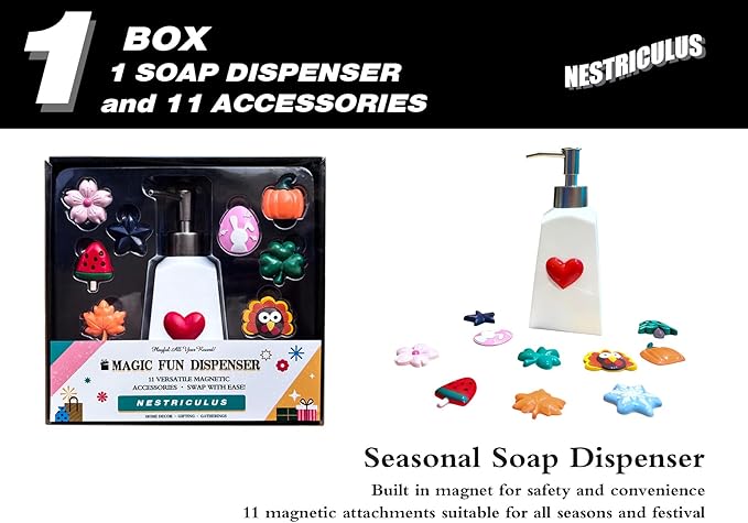 Seasonal Soap Dispenser with 11 Interchangeable Magnets - Seasonal Decor - Farmhouse Bathroom Kitchen Decor (Resin,Built in Magnet) - 8.82oz (Silver)