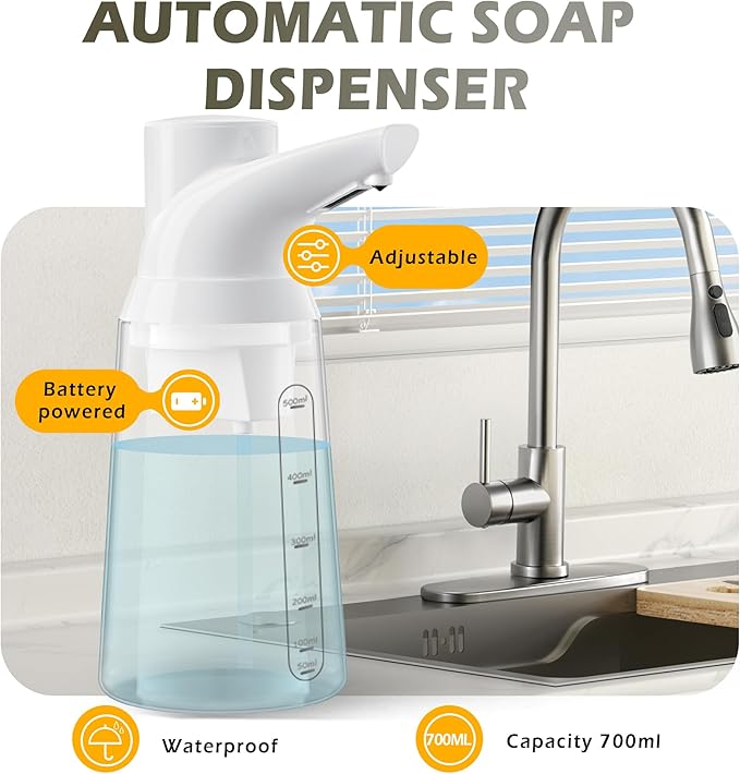 Adjustable Automatic Soap Dispenser Touchless, 4 Adjustable Levels，Battery Powered Operated Sensor Liquid Soap Pump，Touch-Free Hand Sanitizer Dispenser
