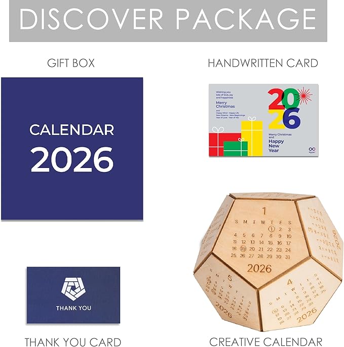 2026 Wooden Desk Calendar Cube – Dodecahedron Office Decor, Unique New Year Gift for Men Women, Gifts for Coworkers Employees Boss, Chinese New Year Gifts, Valentines Day Gifts For Him