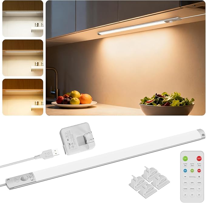 BLS 0.3" Ultra Thin Motion Sensor Under Cabinet Lights Plug in, 400LM 3 Color Dimmable LED Light Bar with Remote, USB Wired Under Counter Lighting for Kitchen Desk Shelf Workbench (No Battery), 14inch