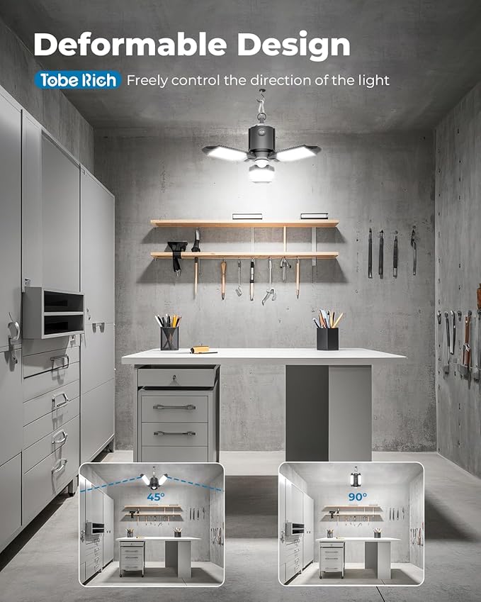 toberich Motion Sensor Garage Light Plug in, 8000LM Shop Light w/ 3 Modes, 3 Deformable LED Panels, 6500K Indoor Motion Sensor Light Bulb for Garage, Utility Room, Basement (1 Pack)