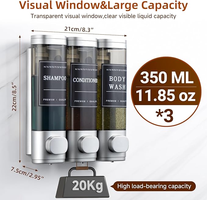Shampoo and Conditioner Dispenser,Shower Soap Dispenser 3 Chamber No Drill Wall-Mounted Shampoo Dispenser for Shower Wall Mounted Shower Dispenser for Bathroom Hotel Large Capacity,Silver