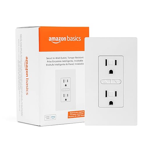 Amazon Basics Smart In-Wall Outlet, Works with Alexa Only, Individually Controlled Outlets, Voice Control, WiFi, 15 Amps, 2.4 GHz, No Hub Required, White