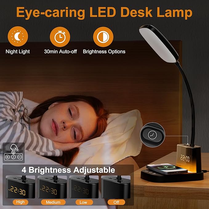 Desk Lamp, Bedside Table Lamps with Wireless Charger and Clock, 30Mins Auto-Off Night Light Lamp, 3 Color Modes Dimmable Touch 800LM CRI 95, LED Desk Lamps for Home Office, Adapter Included