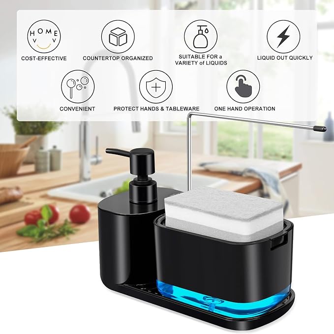 Dish Soap Dispenser Set 4-in-1 Hand Soap Dispenser with Detachable Soap Pump Sponge Holder for Kitchen Sink, Bathroom Soap Dispenser, Black