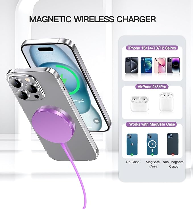 Magnetic Wireless Charger 15W Fast Mag Safe Charger for Cell Phone 16 Pro Max/16 Pro/16 Plus/16/15/14/13/12 Series 2 Pack Charging Pad for AirPods 3/2/Pro 2/Pro Mag-Safe Original Replacement(Purple)