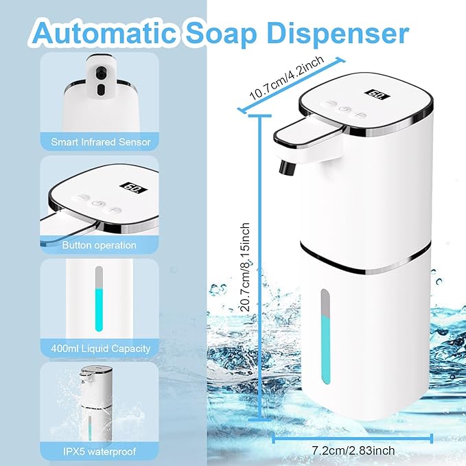 OHIFAST Automatic Foaming Soap Dispenser Touchless, USB Rechargeable Smart Hand Soap Dispenser, 9-Level Adjustable, Physical Button Operation, 13.5oz/400mL Wall Mounted for Bathroom Kitchen Dish Soap