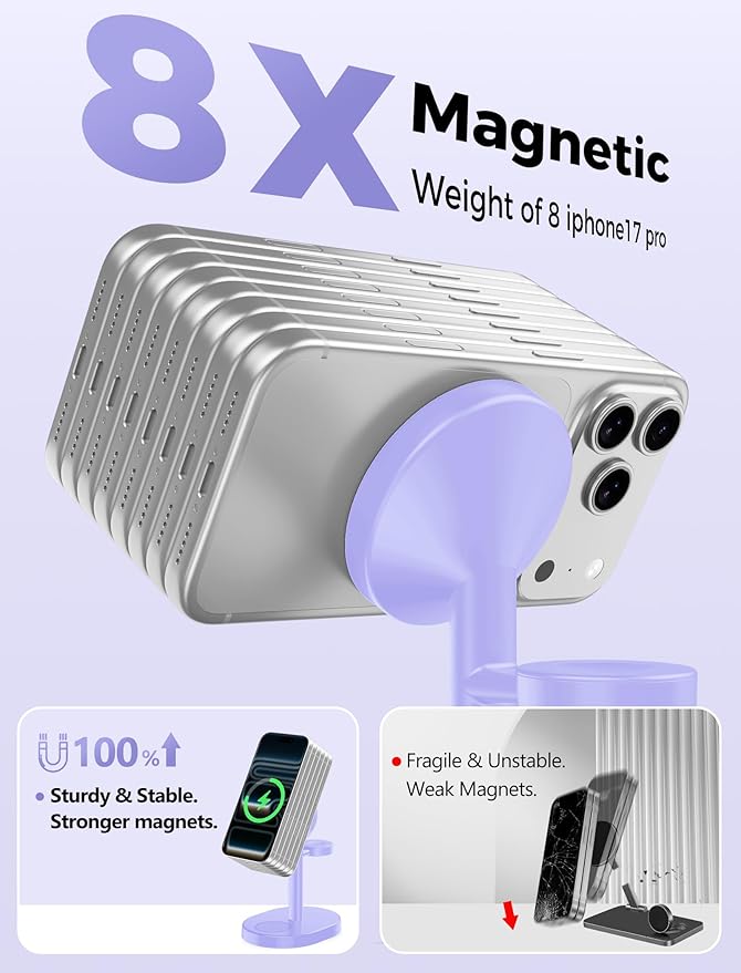 Hevanto 2026 3 in 1 Wireless Charging Station for Apple MagSafe Charger, 15W Fast Magnetic Mag-Safe Charger Stand for iPhone 17 16 15 14 13 12 Apple Watch AirPods Compatible with MagSafe, Purple