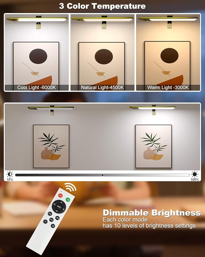 12" Picture Lights for Wall, Motion Sensor Rechargable Picture Light , Magnetic LED Art Painting Light with Timer, Remote & Dimmable Wall Lighting for Gallery, Paintings, Portraits, Bedroom (Gold)