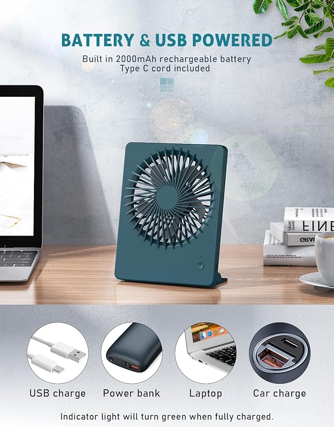 Zuvas Desk Fan Battery Operated Fan Rechargeable 180°Tilt Folding Personal Fan Ultra Quiet Small Portable 3 Speed Adjustable Strong Wind Fan For Office Bedroom Home Desktop Camping (Deep Green)