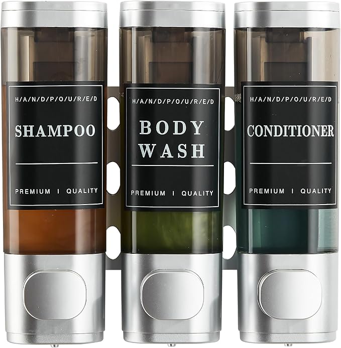 Shampoo and Conditioner Dispenser,Shower Dispenser 3 Chamber No Drill Wall-Mounted Shampoo Dispenser for Shower Wall Mounted Body Wash Dispenser for Bathroom Hotel Kitchen Large Capacity,Silver