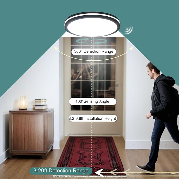 Motion Sensor Ceiling Light Wired,11 Inch Flush Mount Ceiling Light Fixture, Motion Sensor Light Indoor for Stair Closet Porch Hallway Laundry, Sensor Lights Indoor 3000k/4000k/6000k Black
