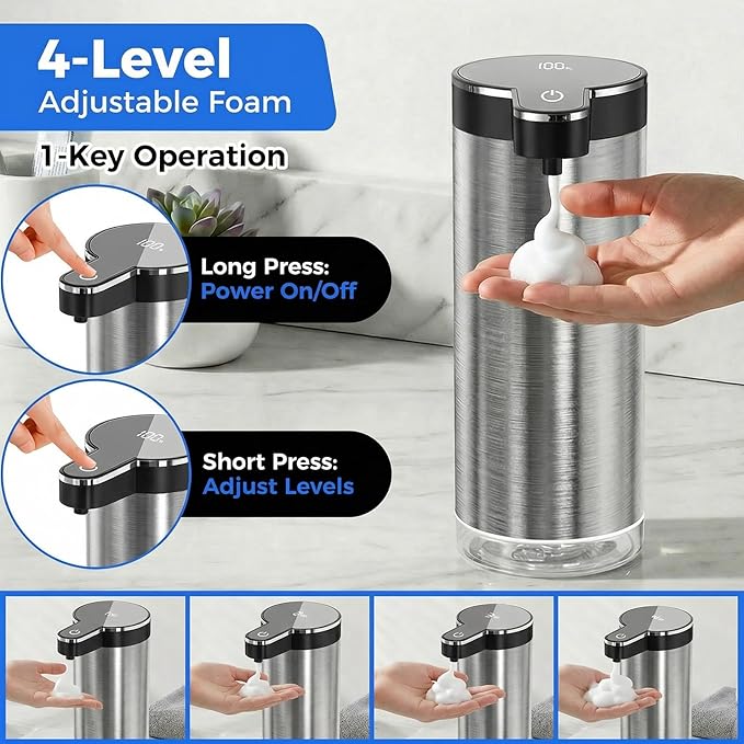 Automatic Foaming Soap Dispenser Touchless, Stainless Steel Hand Soap Dispenser, USB Rechargeable, 4 Adjustable Levels, 11.8oz/350ml for Kitchen and Bathroom (Stainless Steel Black, Foam)