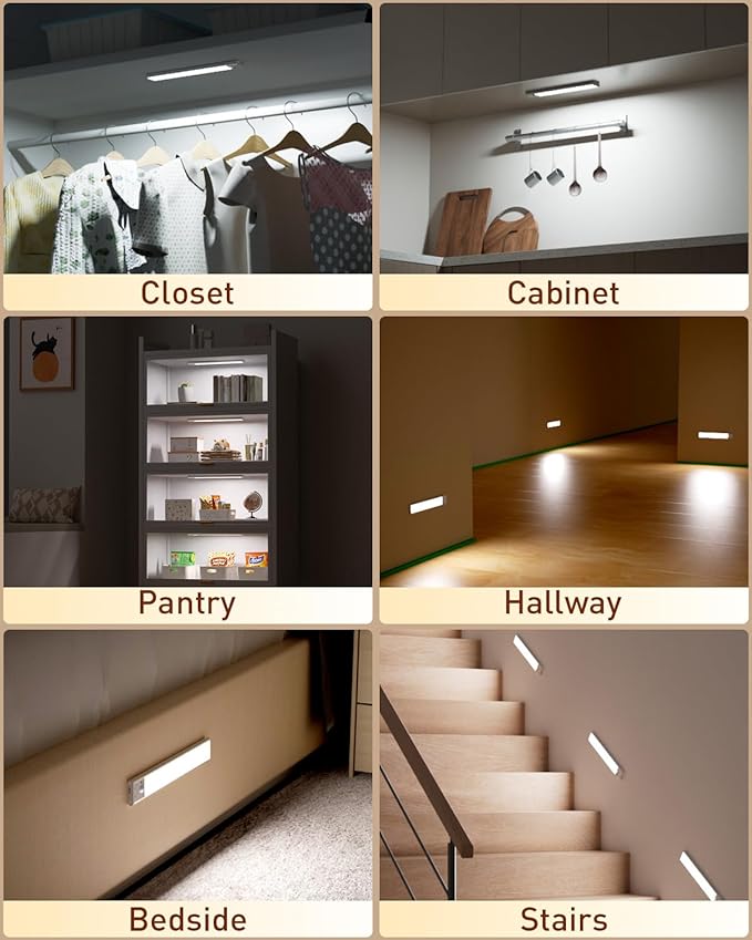 Under Cabinet Lighting,80-LED Rechargeable Motion Sensor Light Indoor, 12 Inch Closet Lights Wireless, Dimmable & 3 Color Temps Stick on Under Counter Lights for Kitchen Closet Stair Bedroom