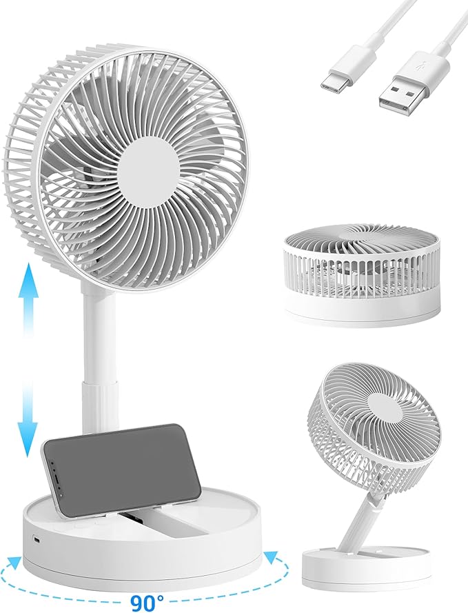 Desk Fan, 8-Inch Oscillating Portable Fan Rechargeable, 24H Run, 90° Rotate Small Fan for Bedroom, 4 Speeds＆8H Timer Quiet Mini Travel Fan, Battery Powered USB Fans for Office＆Home, White