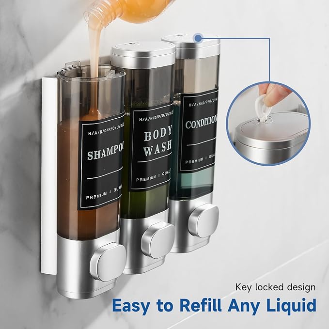 Shampoo and Conditioner Dispenser,Shower Dispenser 3 Chamber No Drill Wall-Mounted Shampoo Dispenser for Shower Wall Mounted Body Wash Dispenser for Bathroom Hotel Kitchen Large Capacity,Silver