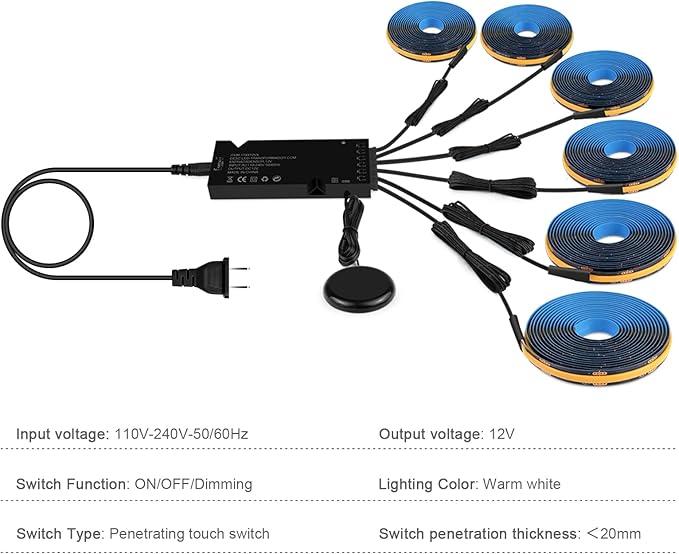 6-in-1 Black PCB COB LED Strip Light,12V Touch Dimable LED Recessed Lighting Kit,3.3Ft Self-Adhesive Under Cabinet Lighting 3000K with 36W Adapter for Wood Slat Wall Panels, Headboards, Cabinet,Shelf